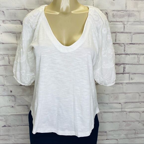 Maeve Tops - Anthropologie Maeve Bridey White Embroidered Puff Sleeve U-Neck Cotton S